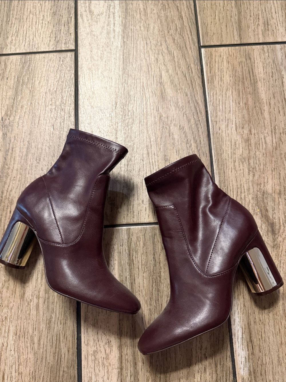 Zara Burgundy Leather Ankle Boots with Metallic Block Heel
